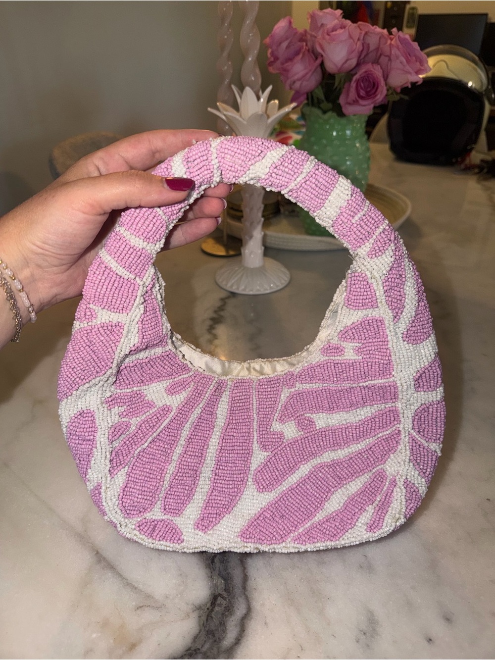 Kelly & Katie Pink and White Beaded Circle-Handle Clutch